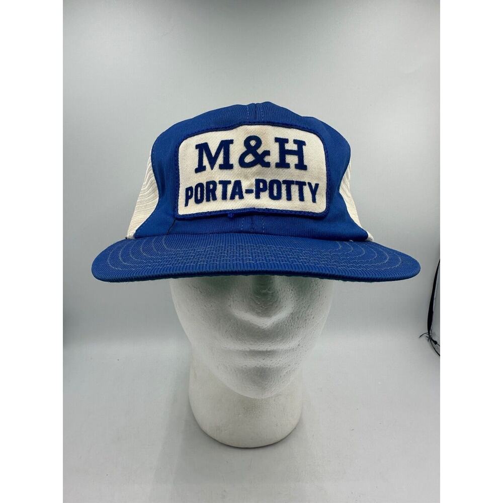 Vtg M & H Porta-Potty Trucker Hat Patch Blue White Snapback Patch Mesh Cap